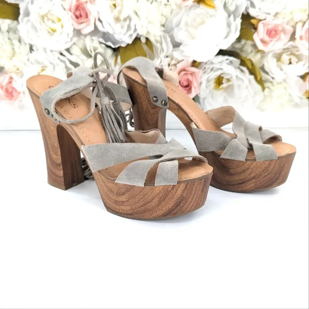 Guess Prenna Suede Leather Tassel Wooden Chunky Platform Sandals Heels Size 9.5